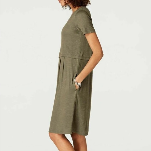 New J. Jill layered jersey knit button back dress english moss with pockets - Picture 3 of 10